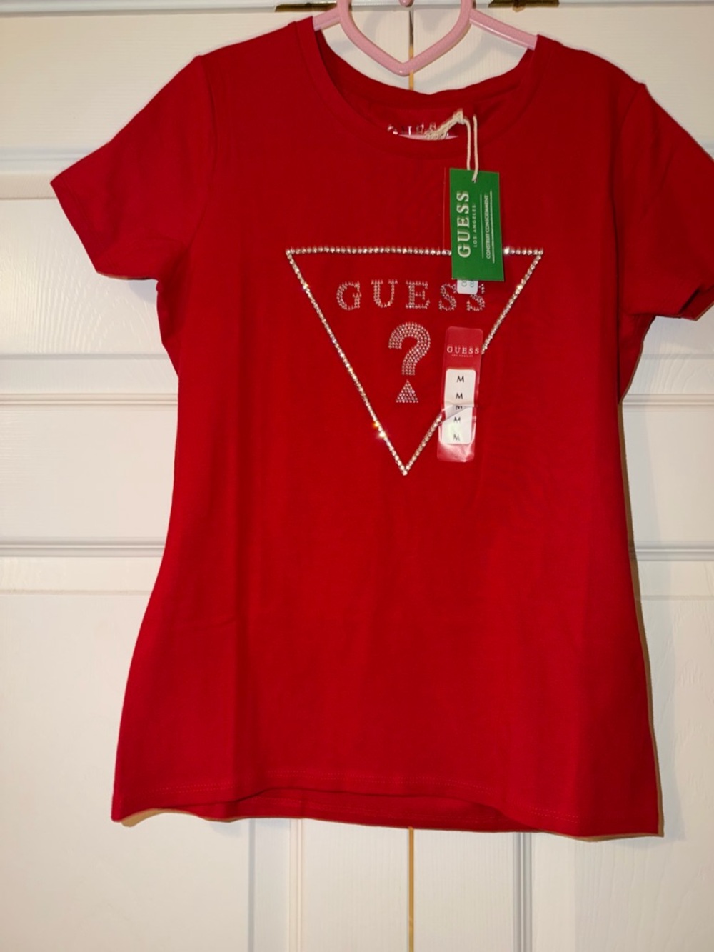 GUESS Red Rhinestone Triangle Logo Tee